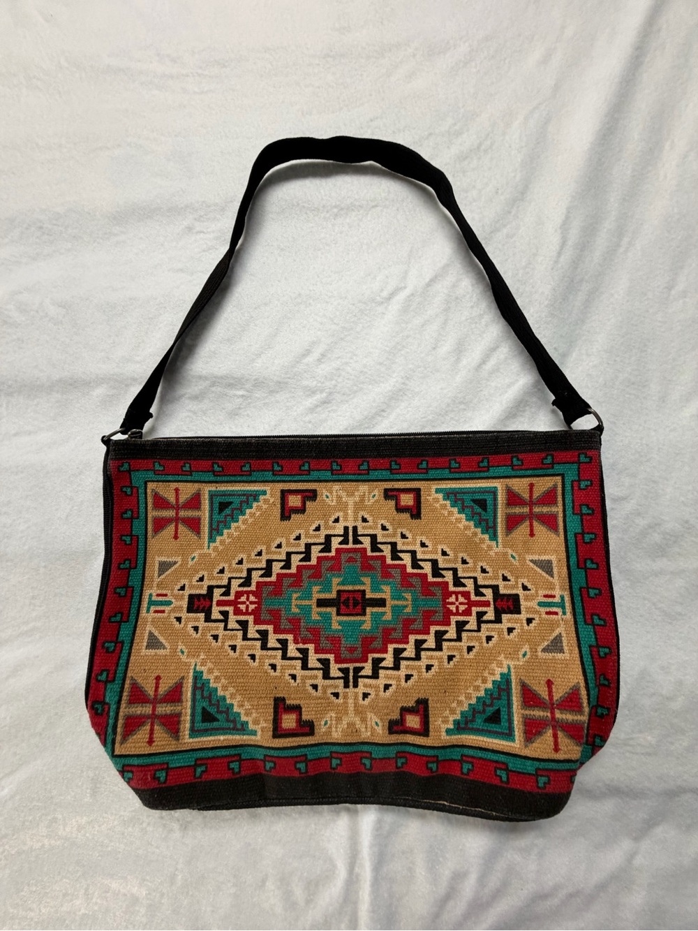 El Paso Saddle Blanket Co. Aztec Pattern Canvas Shoulder Bag Tan Red Turquoise